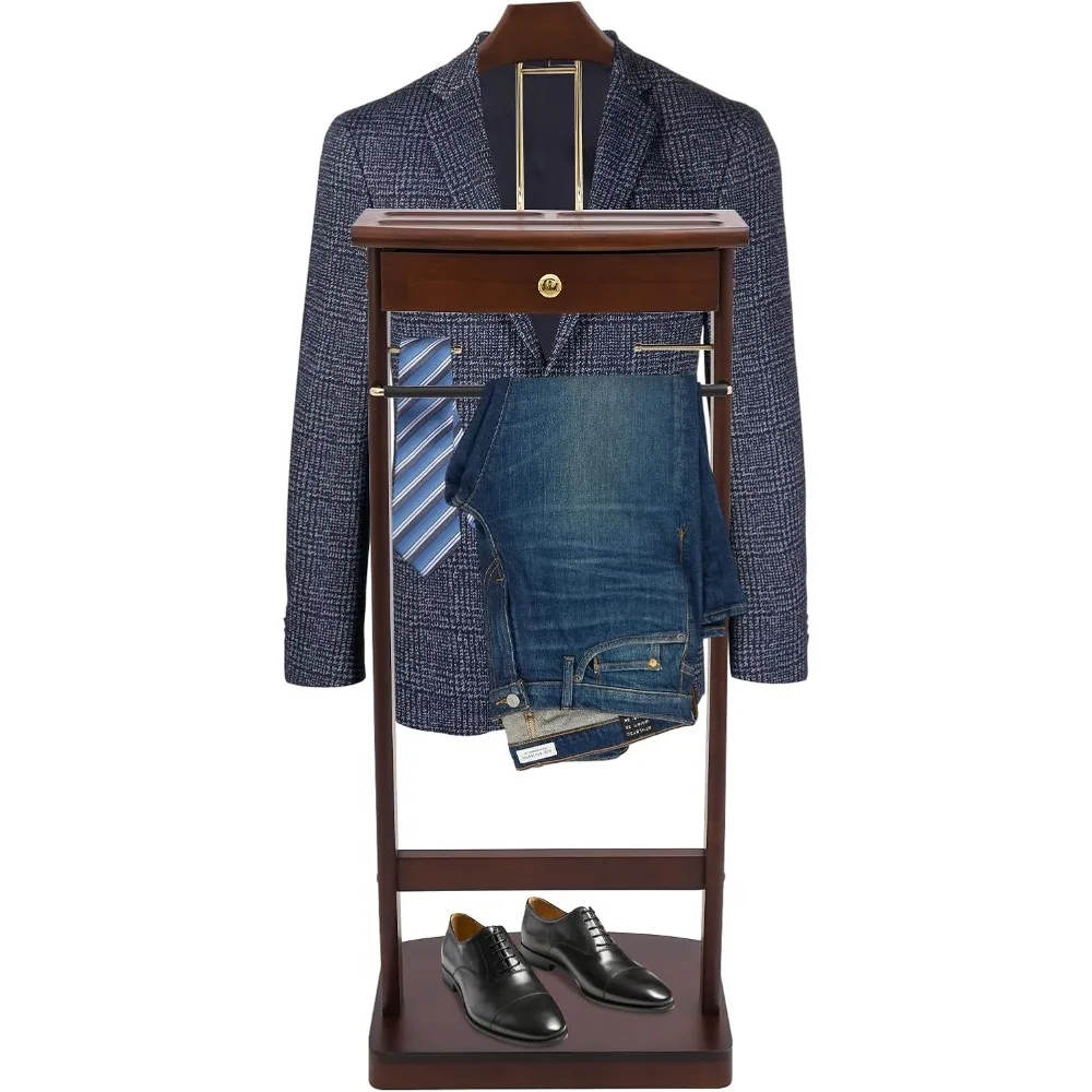 clothes valet stand, wood valet stand suit rack stand with drawer for men/women, contour hanger, trouser bar, belt hooks shoe ra