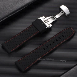 Silicone Sport Watch Strap with Butterfly Buckle - Breathable Waterproof Wristband - 22mm (Black red)