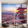 Romantic Cherry Blossom Pattern Curtain Mount Fuji Landscape Decor Curtain Japanese Sushi Nikki Restaurant Window Curtain 2PCS 2