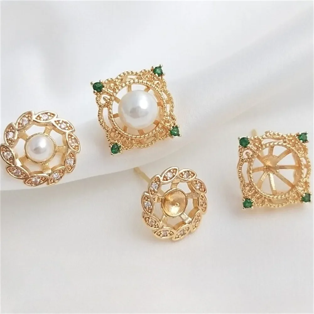 

14K Gold-filled Zircon Lace Round Square Inlaid with Sticky Beads S925 Silver Pin Stud Earrings Handmade Diy Earrings E087