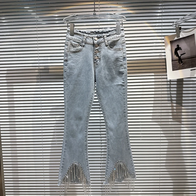 

2023 summer new small fragrance drill tassel pant leg tight show thin heavy industry micro la jeans