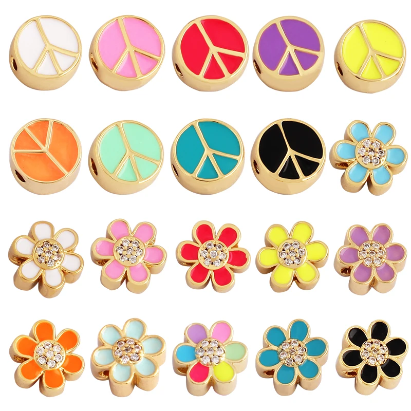 

10mm Colourful Enamel Peace Sign Sun Flowers Bead,18K Gold Plated Brass DIY Bracelet Components Accessories Wholesale Supply M88