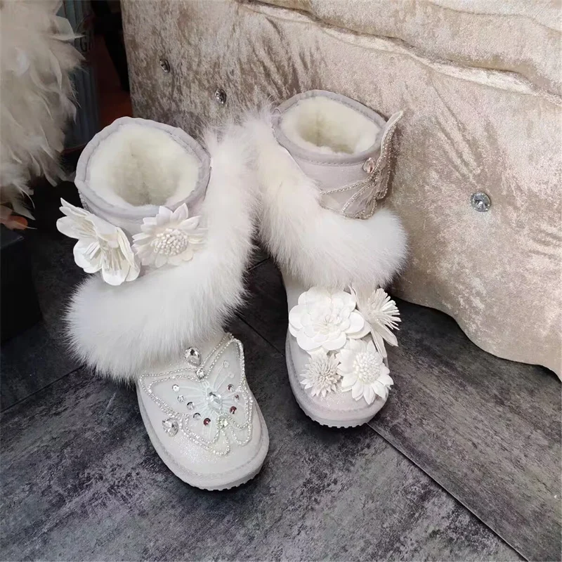 

Leather white flowers handmade custom velvet warm boots rhinediamond butterfly decorated fur one-piece boots women's size 35-44
