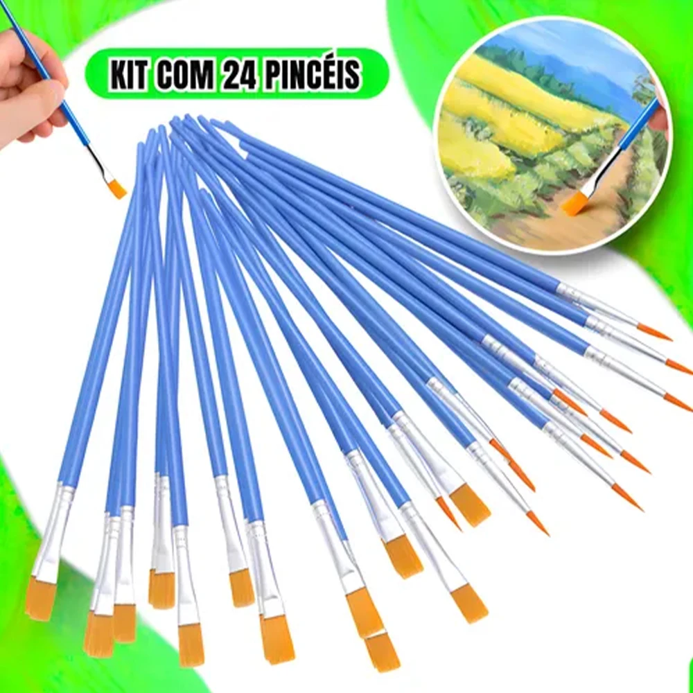 Kit 12/24 Pincéis Profissionais Chatos e Lineares de Nylon Atóxico Não Solta Pelos