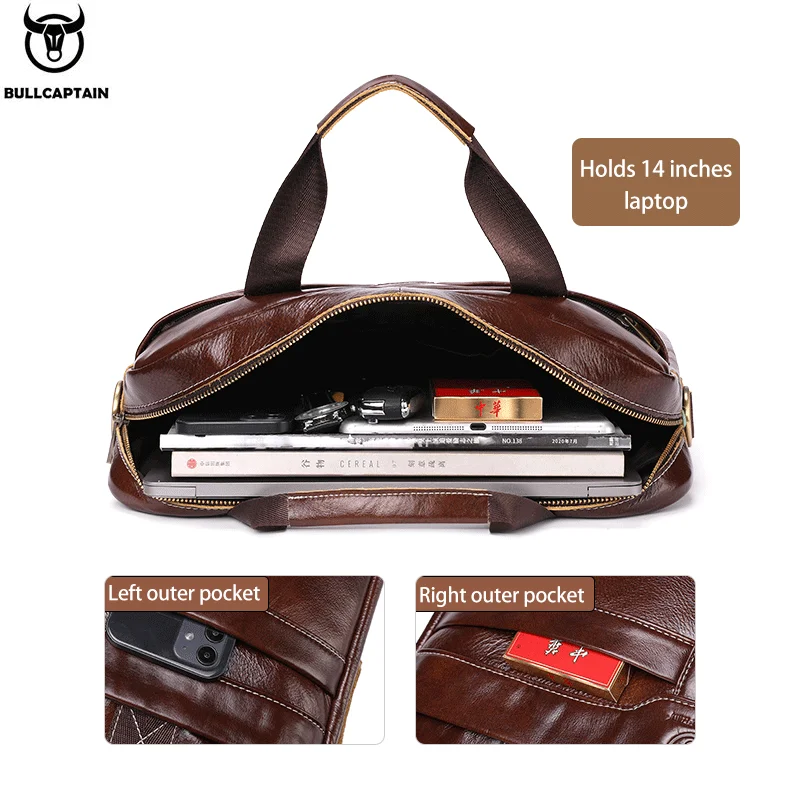 BULLCAPTAIN Leather Laptop Bag, Top Layer Leather 15" Laptop Bag Men's Laptop Briefcase Briefcase Work Business Travel Bag 053 3