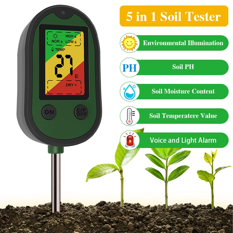 

5 in 1 Soil Tester PH Meter Plant Moisture Meters Temperature Sunlight Intensity Measurement Analysis Soil Acidity Test Monitor