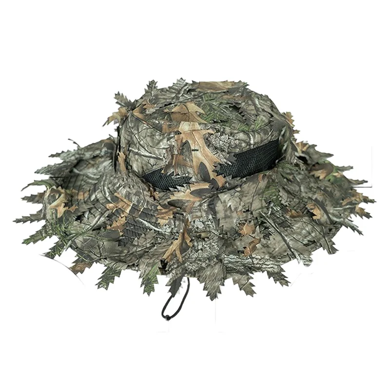 Outdoor Bionic Tree Hunting Bucket Hat Polyester Camping Hiking Hunting with 3D Maple Leaf Hidden Jungle Hat Sun Protection Cap