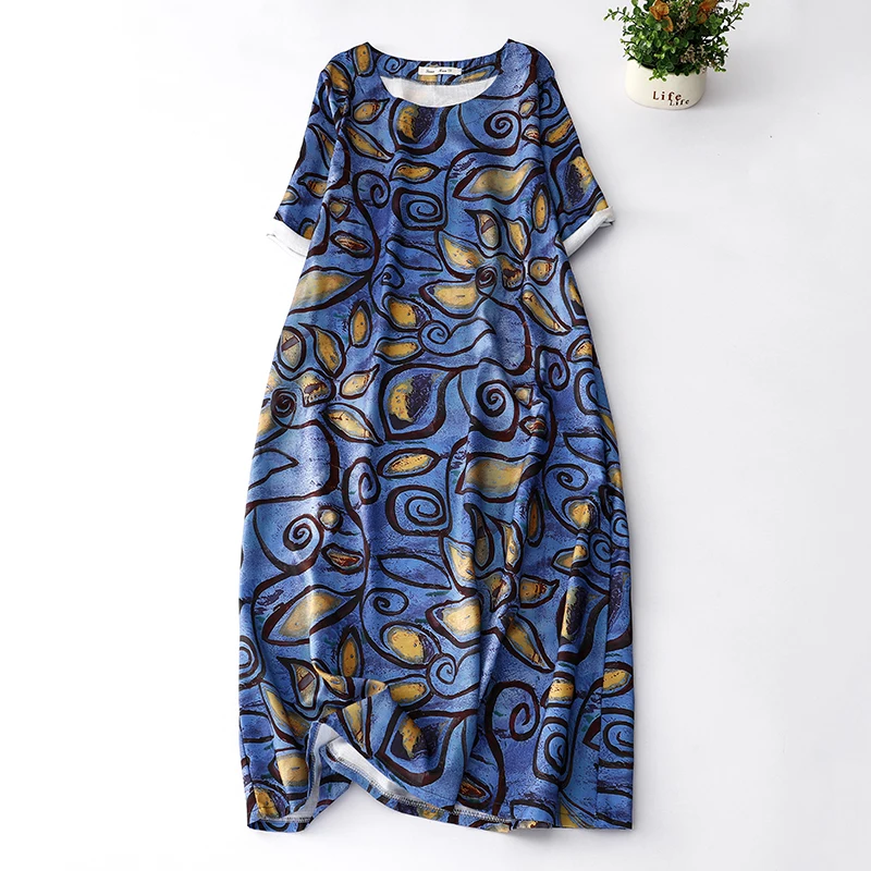 

Original Design Cotton Linen Dress Summer 2023 New Fashion Print Loose Long Dress Casual Streetwear