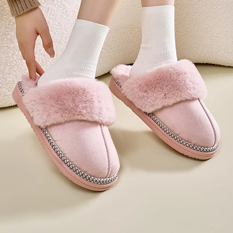 Fashion Faux Suede Plush Slippers for Women 2024 Thick Sole Winter Warm Fuzzy Slides Woman Non Slip Indoor Home Cotton Shoes