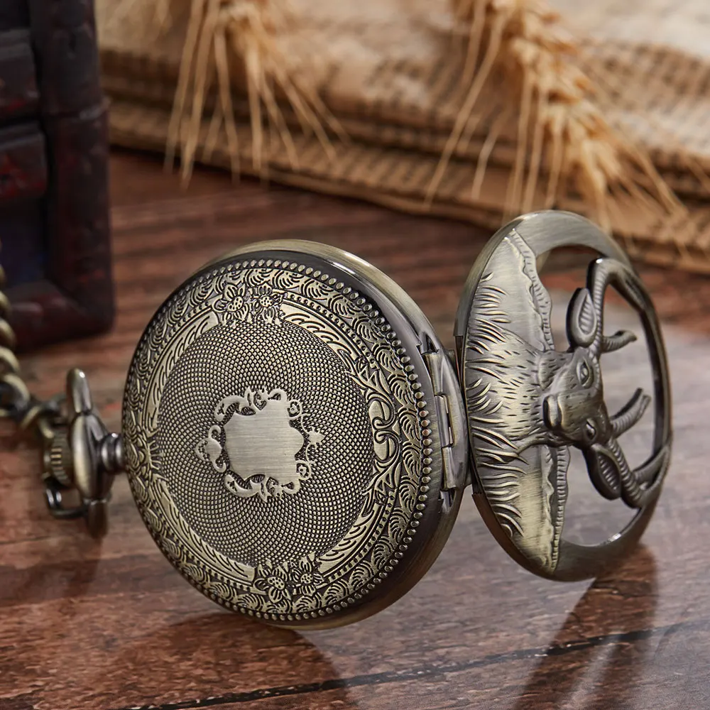 Mechanical Pocket Watch Zodiac Golden Hollow Golden Goat Design Steampunk Hand Winding Fob Animal Watch Chain Necklace Pendent