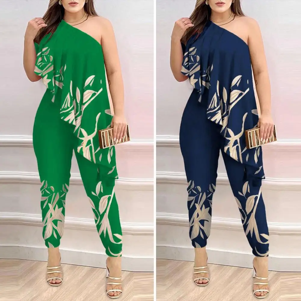 Women Jumpsuit Elegant Leaf Print One Shoulder Jumpsuit for Women Slim Fit Backless Prom Ball Lady Long Jumpsuit Women Printed