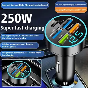 Caricabatteria da auto PD da 250 W 5 porte di ricarica rapida PD QC 3.0 USB C Caricatore rapido da auto Adattatore di tipo C in auto per iPhone ﻿