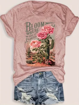 Women's Tee - "Bloom Where You Are Planted" Rose & Cactus Graphic, Western-Inspired Casual Design for Daily Outings 1