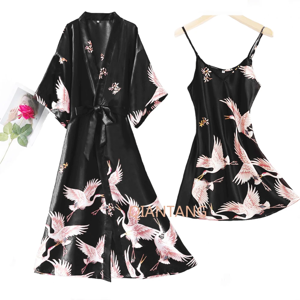 Sexy Nightwear Gown Set Women 2PC Pyjama V-Neck Pajamas Silky Sleepwear Spring Lady Sleep Suit Robe Wear Home Negligee Homewear | Женская