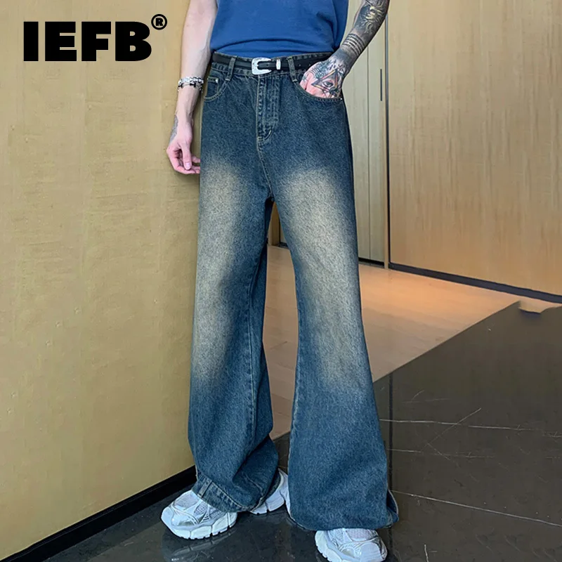 

IEFB Vintage Jeans Trend Men's Niche Washed Gradient Wearproof Baggy Denim Pant Straight Loose Worn Out Wide Leg Trousers 9C1321