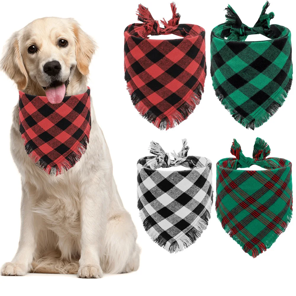 

Christmas Double Layer Dog Bandana Pet Towel Tassel Bandana Dog Plaid Pet Triangle Bandana Collar Pet Accessories