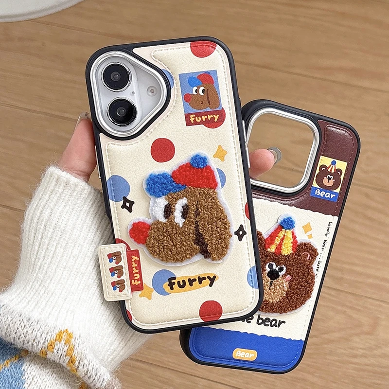 Cute Cartoon Embroidery Bear Dog Leather Case For iPhone 13 14 15 16 Pro Max Lovely Soft Silicone Phone Cover