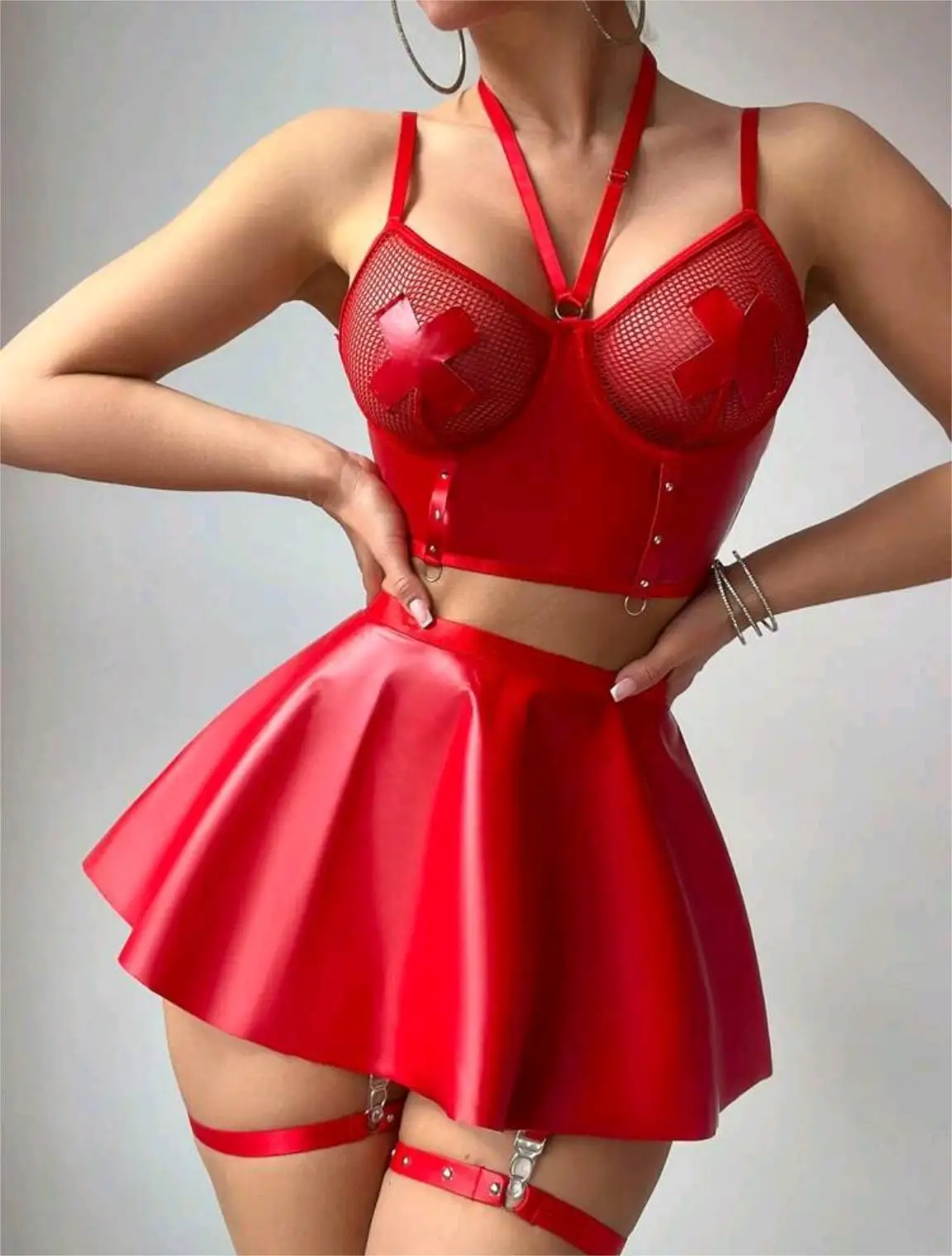 Sexy New Arrival Faux Leather Mesh Splicing Pure Desire Short Skirt Set Pure Color Leather Role Play Game Costume for Women