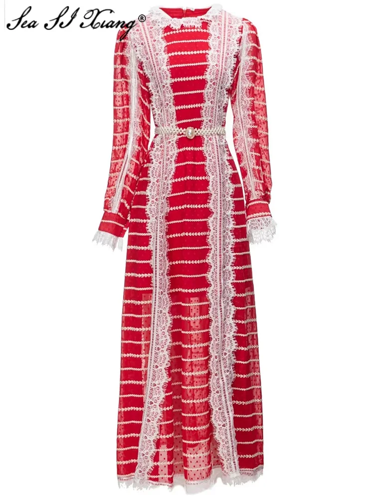 

Seasixiang Fashion Designer Autumn Dress Women O-Neck Lantern Sleeve Embroidery Beading Belt Lace Ruffles Vintage Long Dresses