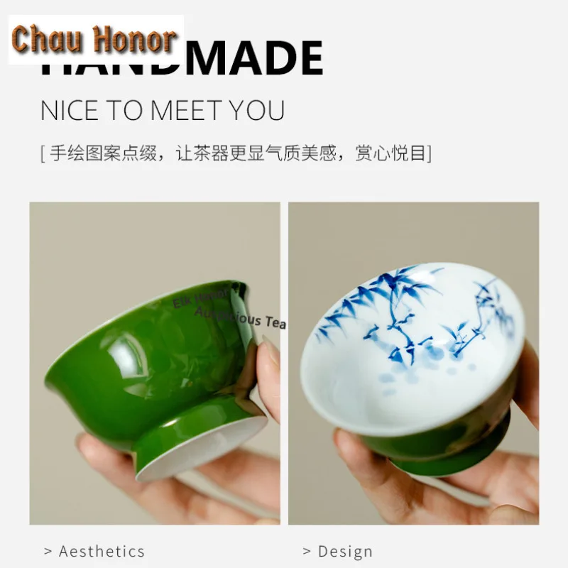 2pc/lot Hand-painted Blue Bamboo Teacup Creative Tea Bowl Jug Tea-tasting Smelling Cup Jianzhan Master Cup Cafes Decoration 60ml
