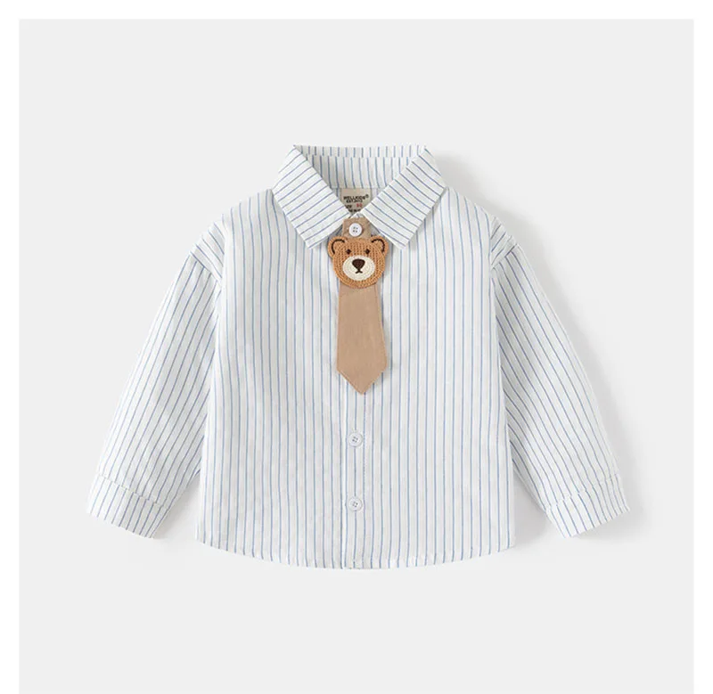 Cute Bear Kids Shirt Cartoon Stripe Blouse for Boys Girls