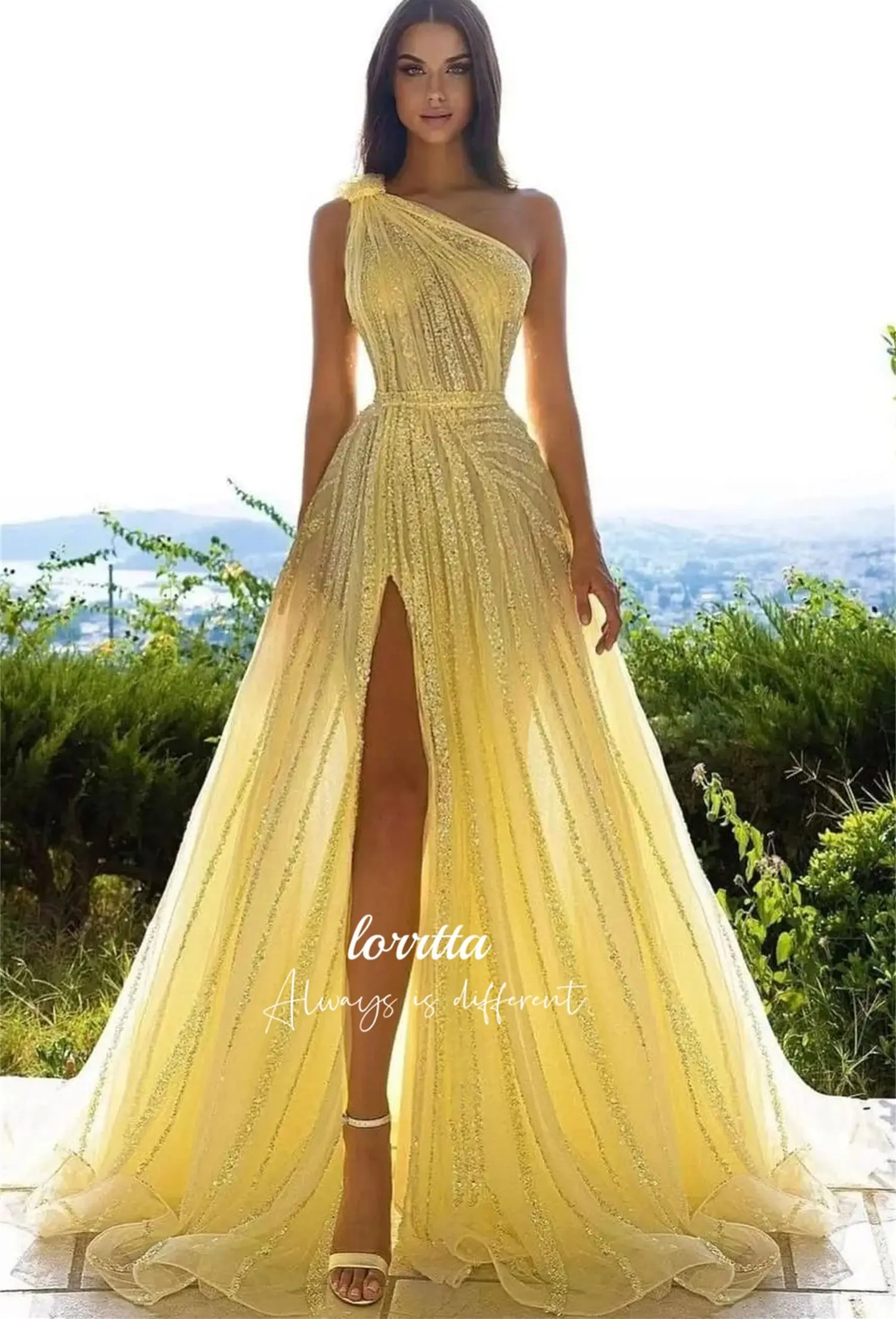 

Lorrtta Ball Gown Line A Shiny Beaded Embroidery Yellow Wedding Guest Dresses for Women Elegant Party Luxury Prom Clothes Long