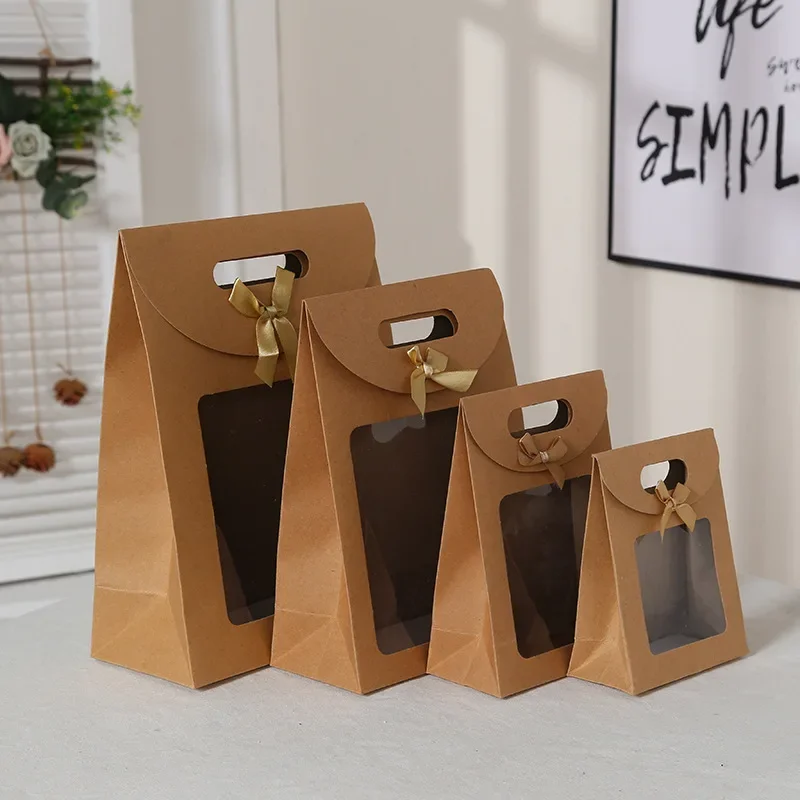12/24pcs Kraft Paper Portable Gift Bag PVC Clear Window Packaging Bags for Small Business Birthday Christmas Present Wrap 2