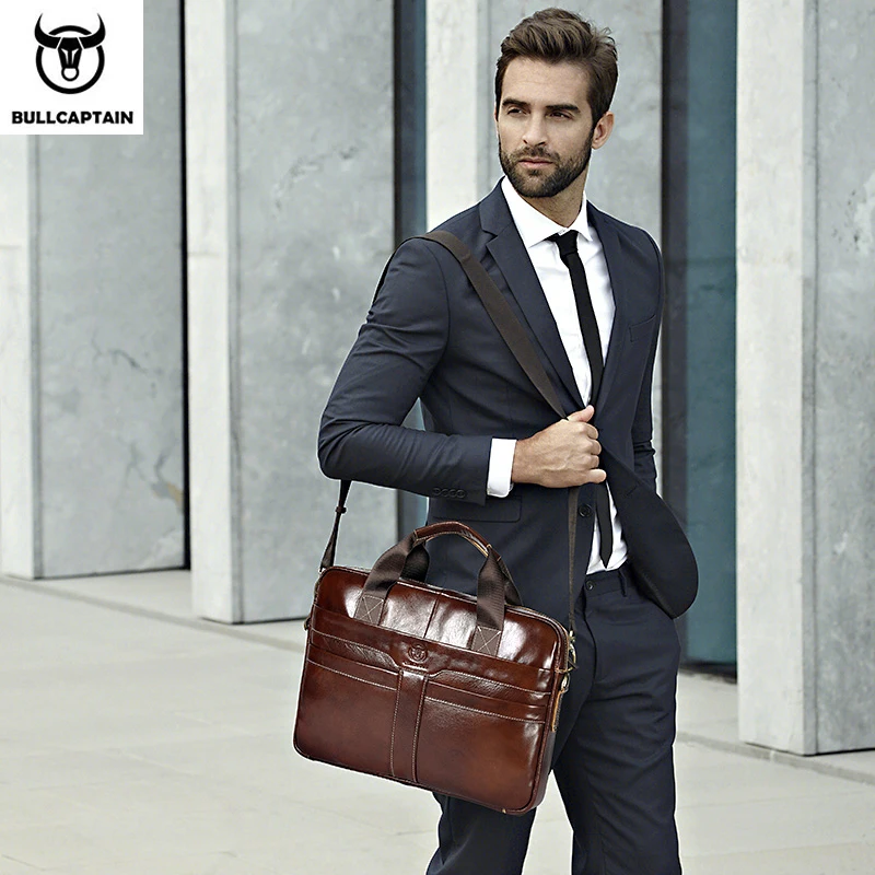 BULLCAPTAIN Leather Laptop Bag, Top Layer Leather 15" Laptop Bag Men's Laptop Briefcase Briefcase Work Business Travel Bag 053 2
