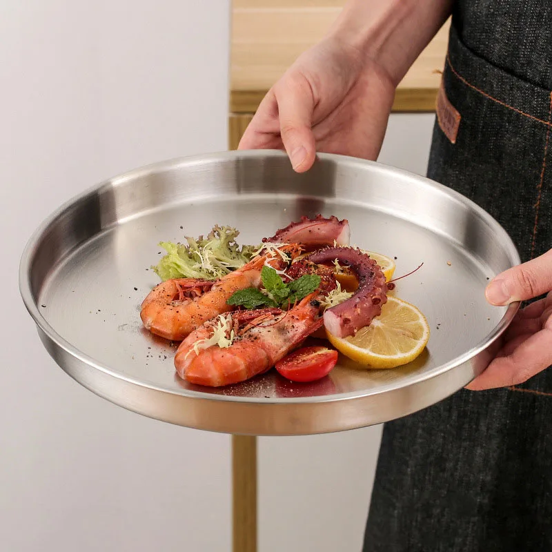 Deep Stainless Steel Meal Trays 4 Sizes Round Dish Plates Barbecue Fruit Noodles Salad Mixing Dish Bowl Hotel Kitchen Tableware