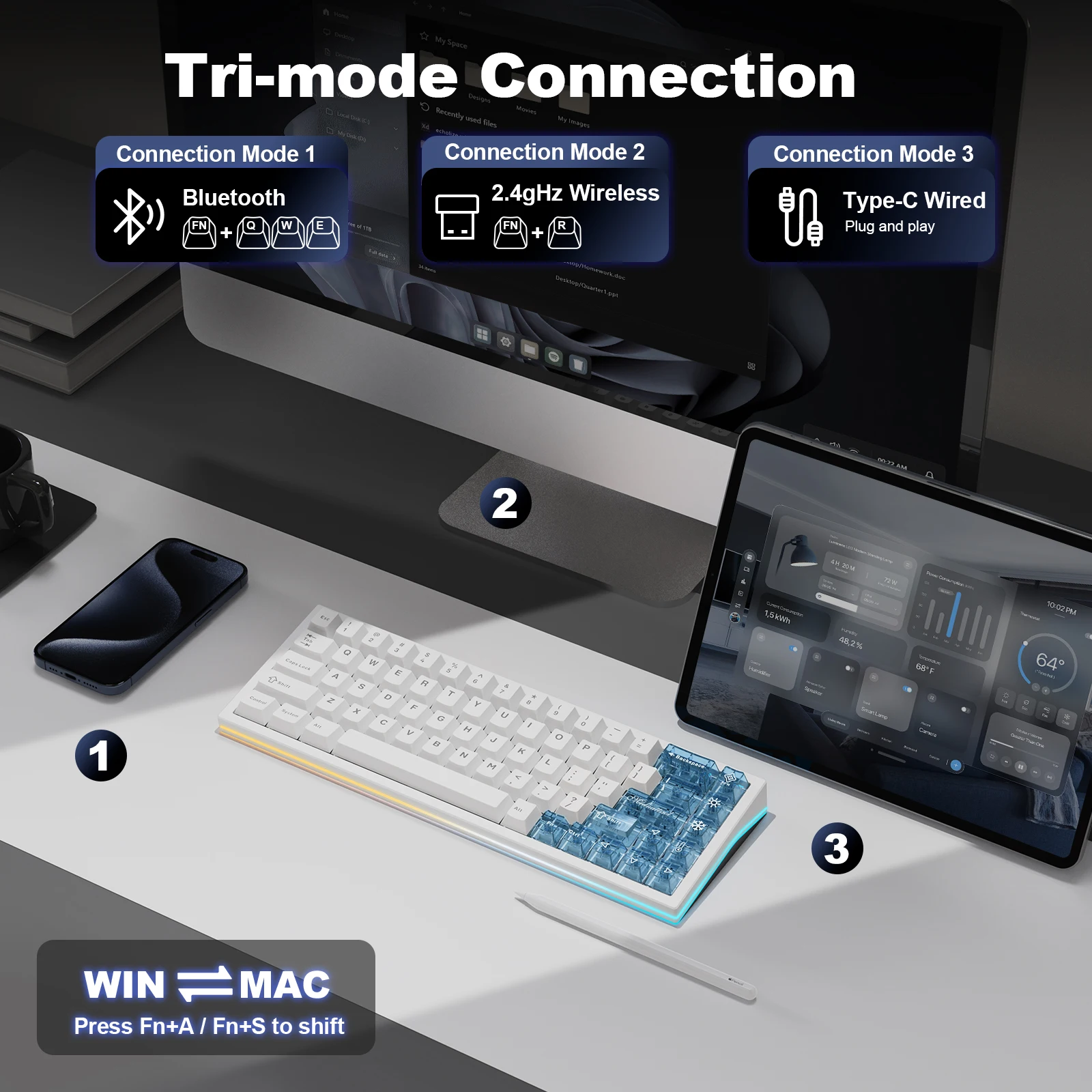 YUNZII AL65 ホワイトアルミニウムメカニカルキーボード、QMK/VIA