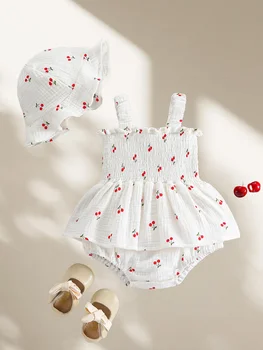2026 Summer 0-2T Baby Clothes Sweet Cherry Floral Print Girls Bodysuit Matching Sun Hat Ruffled collar Toddler One-piece 1