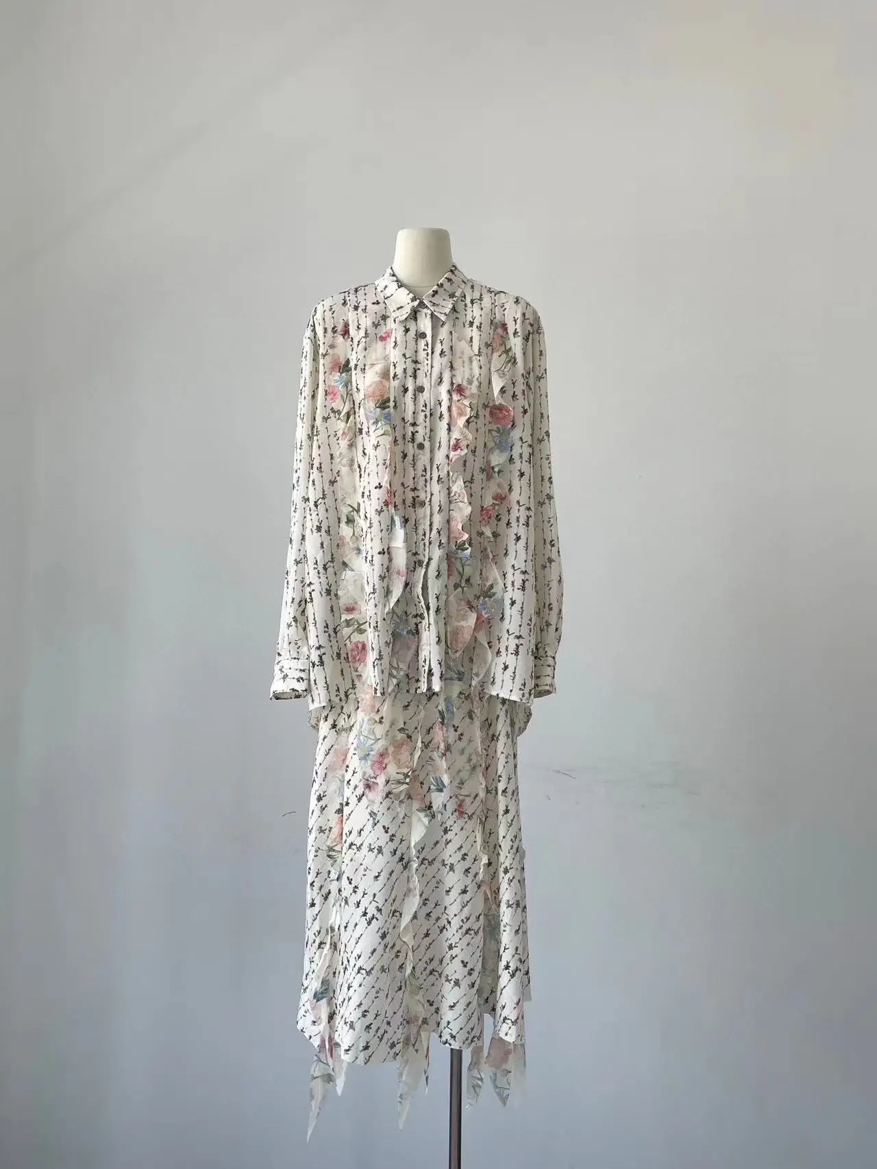 

Fyion HIGH QUALITY Newest 2023 Designer Runway Print Sets Women's Ruffles Loose Shirt + Waist Elastic Long Skirt Suits