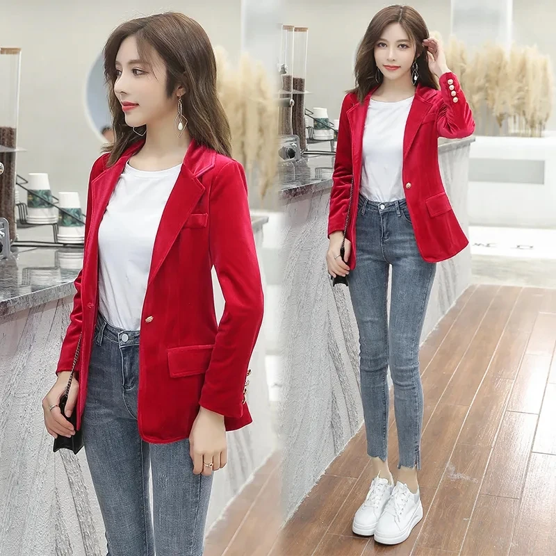 New Spring Fashion Women Midnight Navy Slim Velvet Blazer Office Lady Single Button Suit Jacket Coat Casual Clothing Party Gift