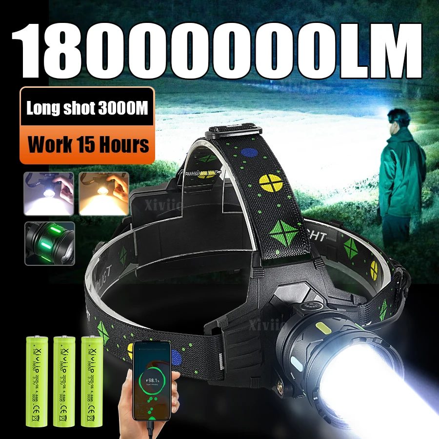 Frontale LED 18000000LM blanche/jaune 3km de portée pour pêche côtière et camping extrême