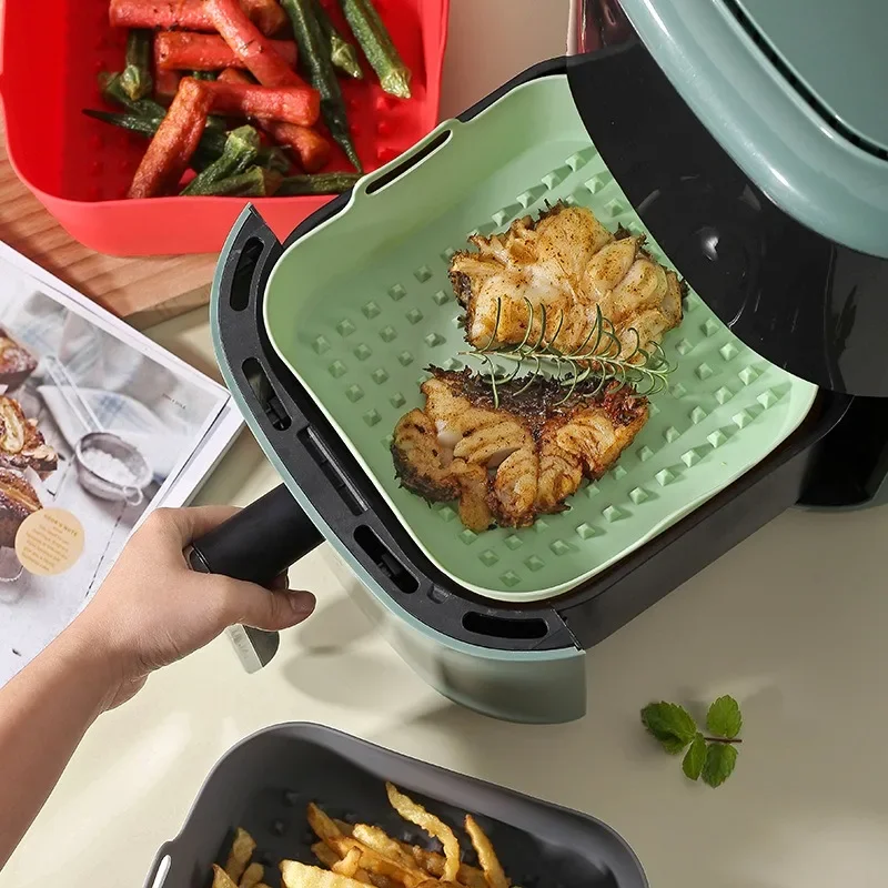 1PC Square Air Fryer Silicone Baking Tray Two Ears Silicone Lining Non-stick Oil High Temperature Baking Mat Easy To Clean air fryer accessories air fryer baking tray air fryer silicone tray