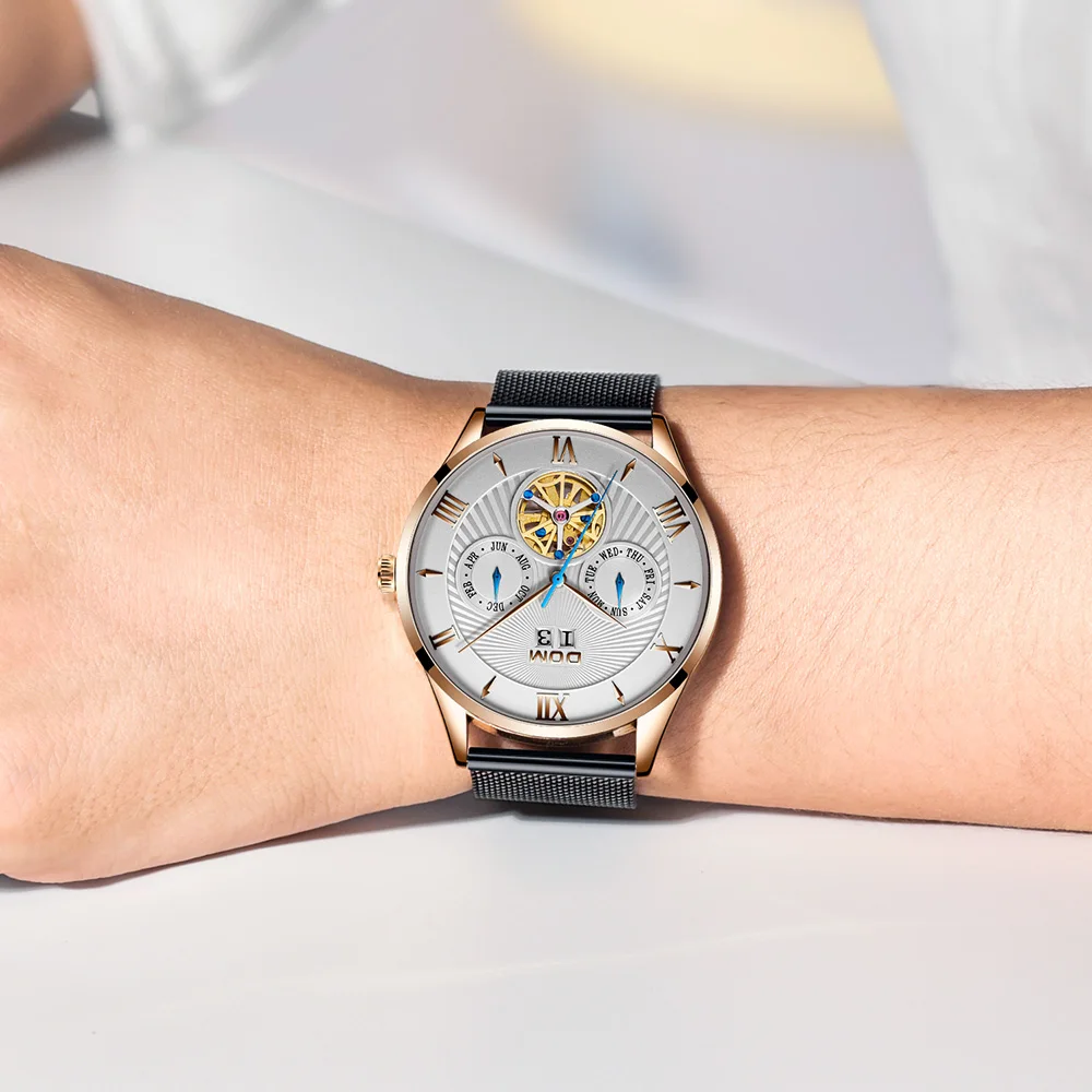 DOM Fashion Mens Watches Top Brand Luxury Skeleton Watch Men Sport Steel Tourbillon Automatic Mechanical Wristwatch M-1272