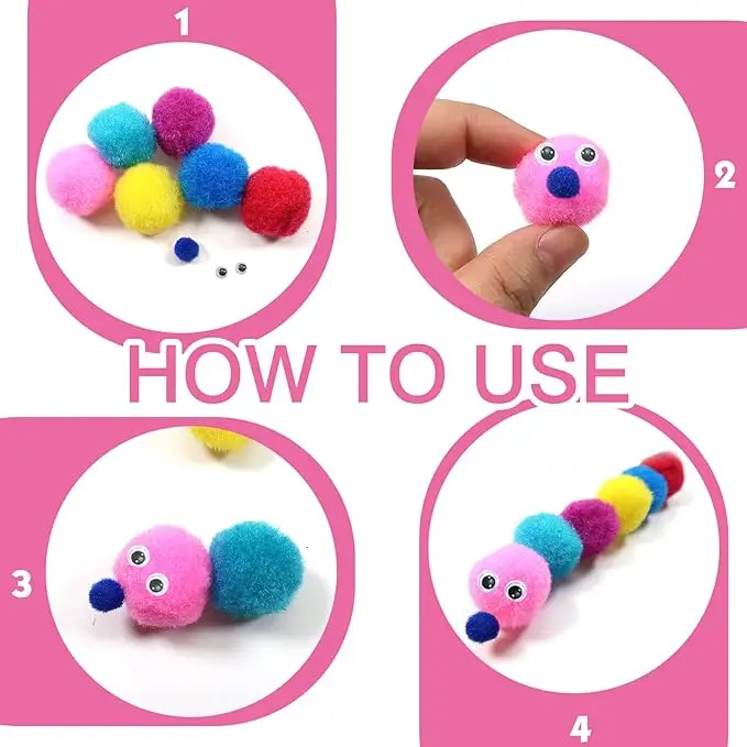 0.6 Inch Assorted Pom Poms Multi Color Fuzzy Pompoms Balls Art Supplies with Wiggle Eyes for DIY Crafts Decorations