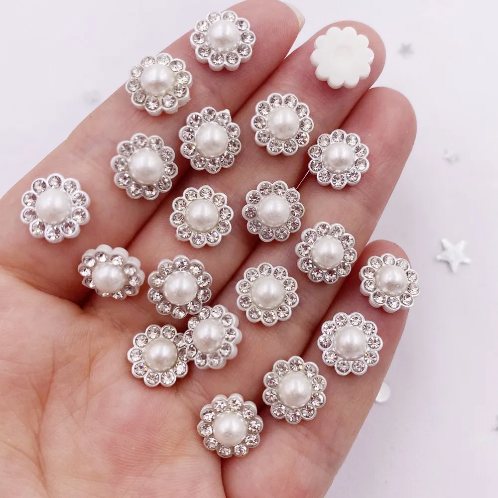 Resin Flower Round Pearl Flatback Crystals Nail Rhinestone Applique 50pcs for Wedding DIY Scrapbook Ornament Craft Accessories