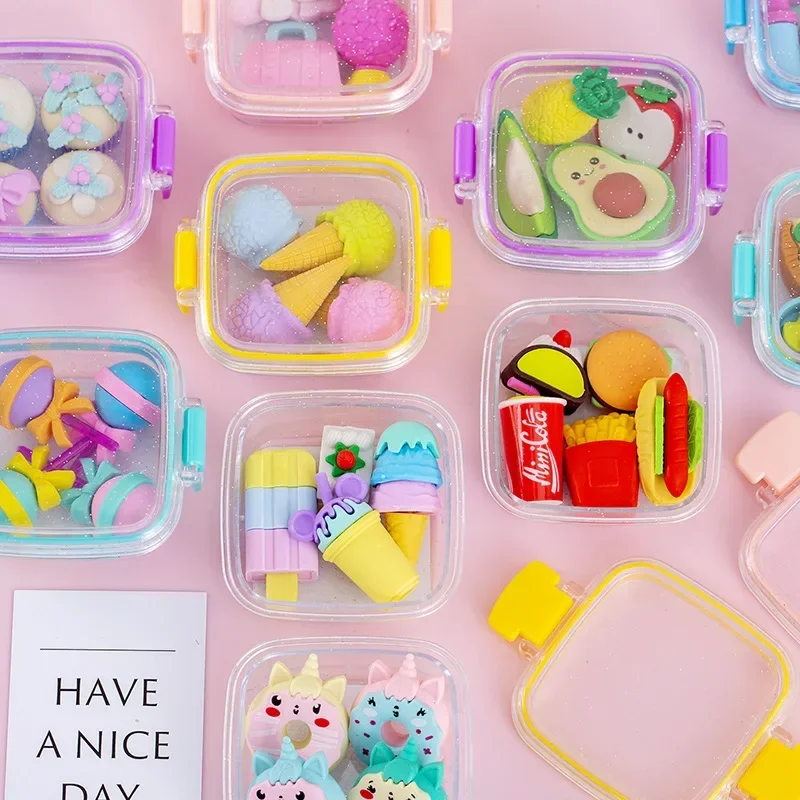 Random 1pc Lunch Box Eraser Set Lovely Eraser Soft Pencil School Students Stationery Supplies Exquisite Prize Gifts