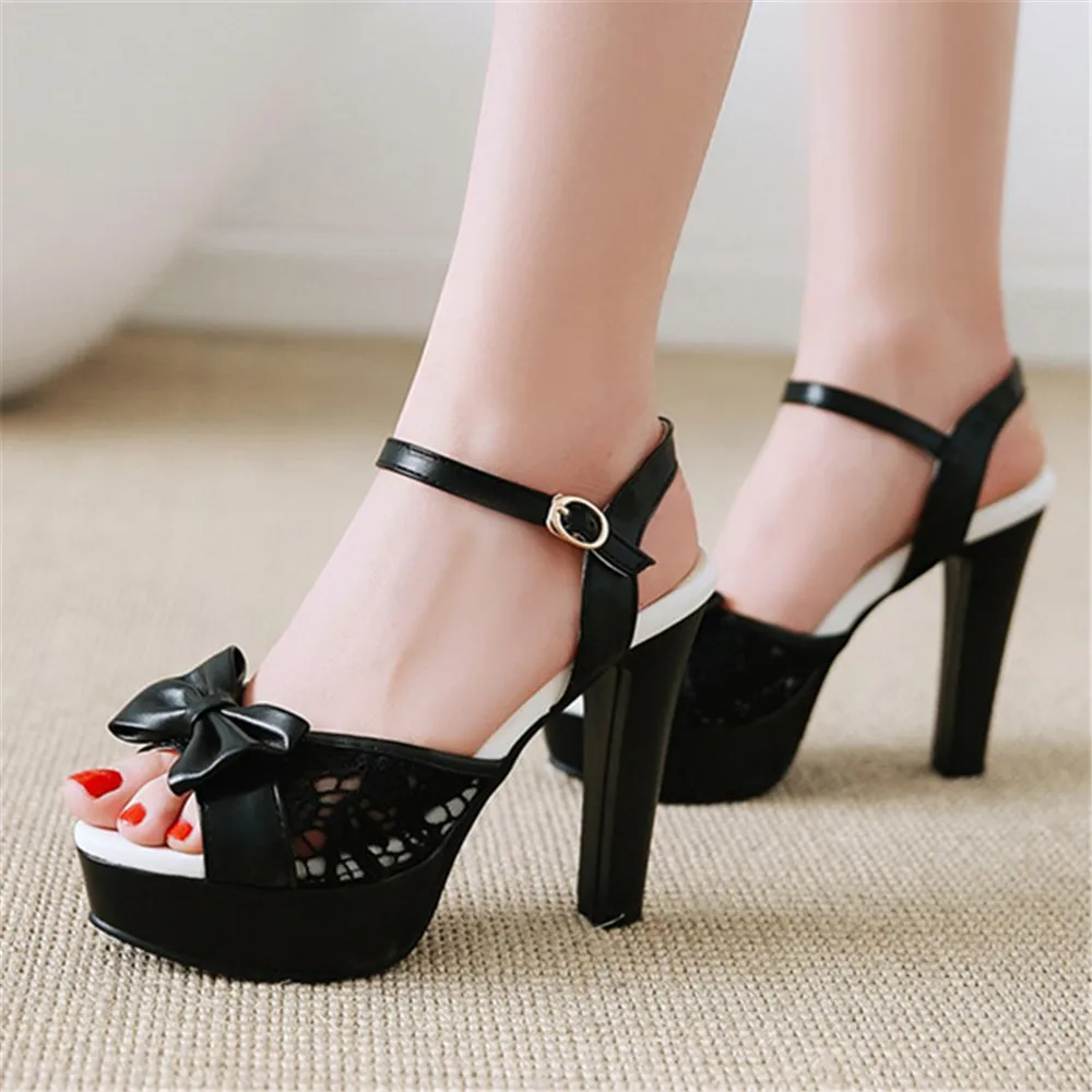 Women Summer Lace Bow Mesh Shoes Fish Mouth High Heel Ladys Platform Sandals Evening White Dress Wedding Female Zapatos De Mujer