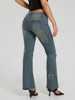 Women Flared Denim Pants Casual Star Pattern Bell Bottoms Jeans Bootcut Trousers for Streetwear 3