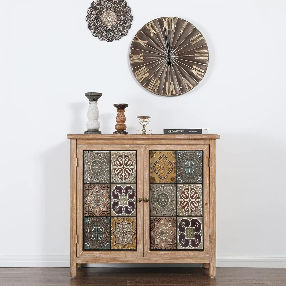 

Accent Cabinet with 2 Doors, Distressed Storage Cabinet with Wood Frame and Checkered Patterns for Entryway Living Room