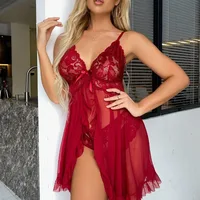 Ensemble de Lingerie en dentelle pour femmes, 2 pièces, chemise de nuit semi-transparente, col en v, sous-vêtements tanga pour femmes, ensemble de chemise de nuit en Tulle exquis 2