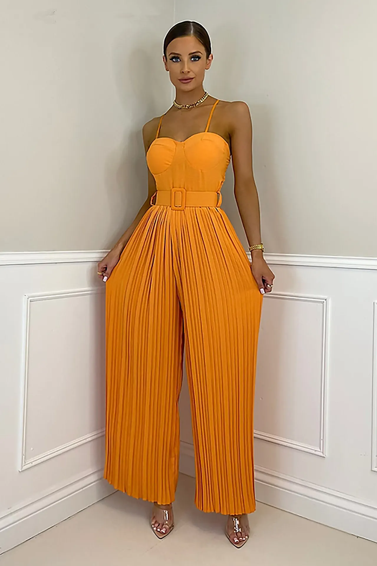 

Summer Casual Suspenders Long Jumpsuit Women Fashion Solid Sleeveless Sashes Pleated Wide Leg Jumpsuit Women