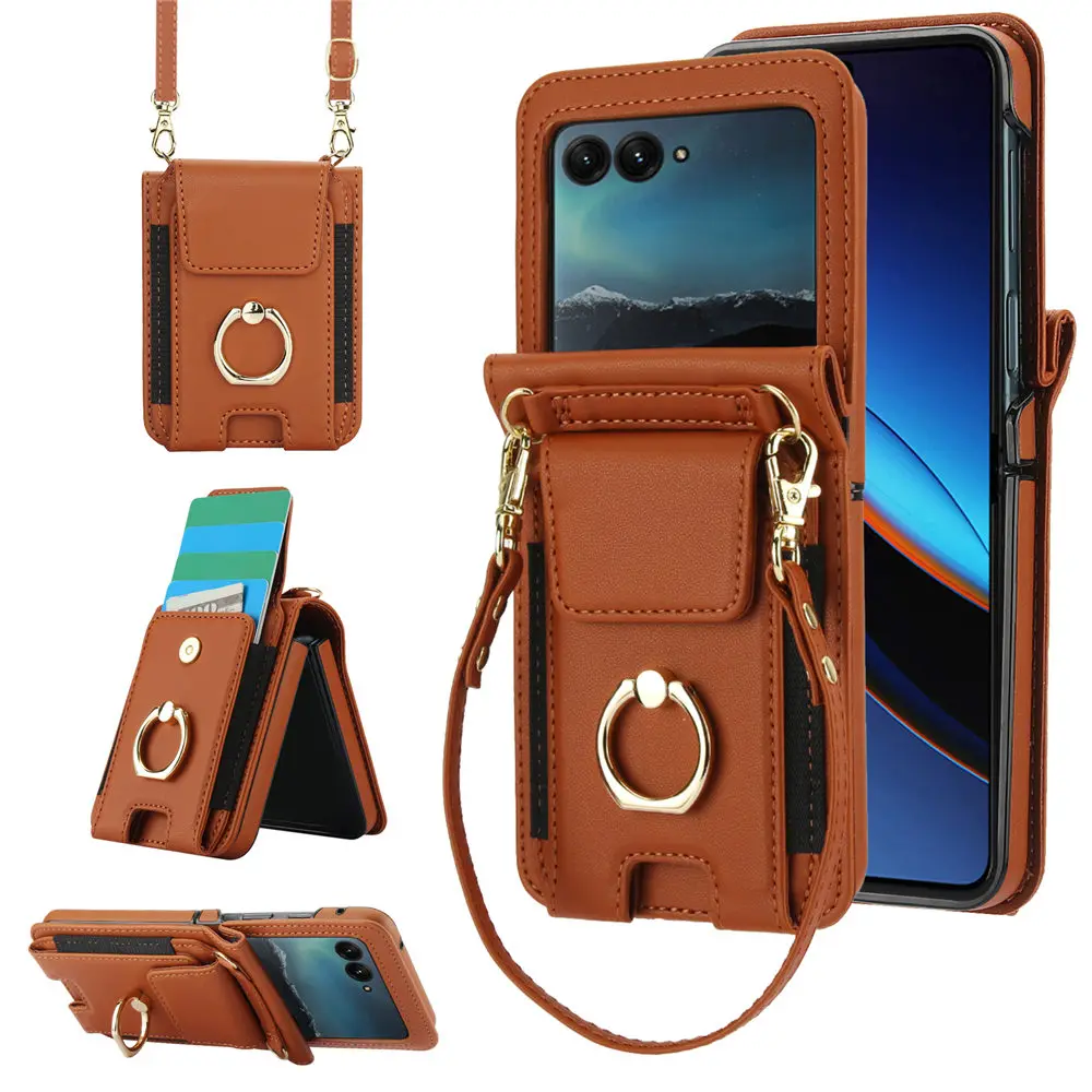 Crossbody Leather Case with Ring Holder, Bracelet, Card Slot, and Long Lanyard – Wallet Cover