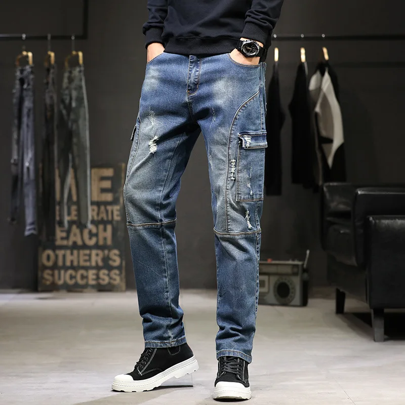 Multi-Pocket Baggy Jeans Mens Streetwear Cargo Denim Pants Straight Trousers Plus Size 40 42 44 denim pants denim trousers cargo jeans