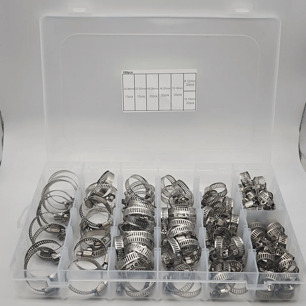 120 teile/schachtel 304 Edelstahl Schlauch Klemmen Gemischte Verpackung Schlauch Kragen Clip Edelstahl Schlauch Klemme 8-38mm Serie montiert – Detail 3