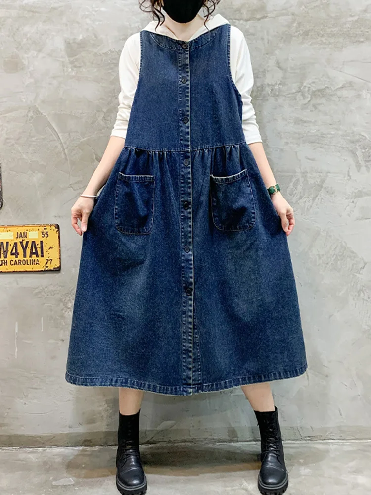 Amax luluE 2024 Kore Yaz Lüks Uzun vestidos Kadın Moda Gevşek Denim Kolsuz Elbiseler Bayanlar Casual Vintage streetwear