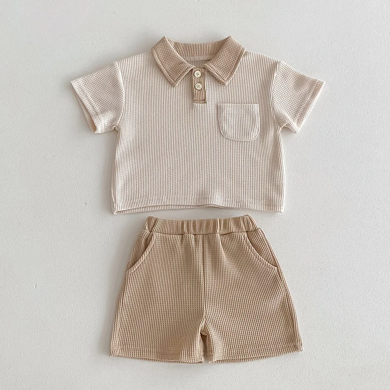

2024 New Summer Korean Style Children Clothes Set Short Sleeved Waffle Cotton T-shirt+Shorts Infant Baby Boys Girls Clothing Set