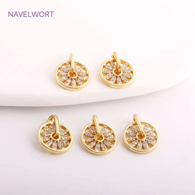 

11.3mm Inlaid Zircon Round Pendant For Necklace Making Fittings 14K Gold Plated Mini Hollow Charm DIY Jewelry Making Accessories